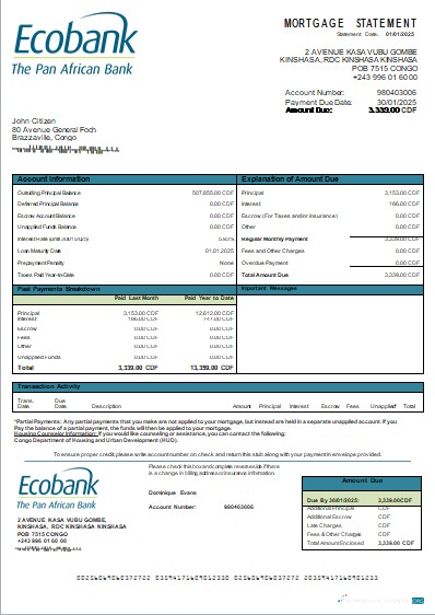 Download Congo Ecobank bank mortgage statement scr Photoshop template